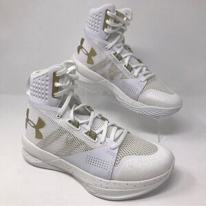 EUC Under Armour Women's White and Gold High-Volleyball Sneakers Size 7.5